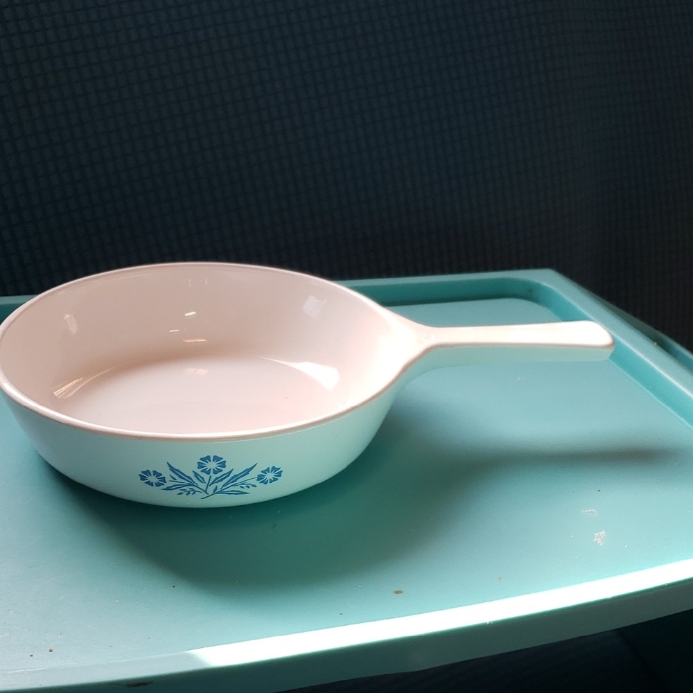 White Skillet with Blue Floral Design